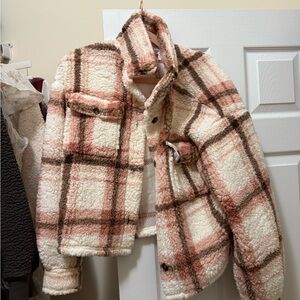 Plaid Sherpa Jacket in Pink and Brown